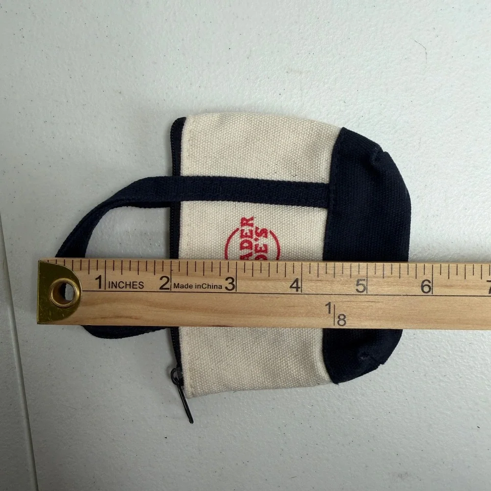 Trader Joe's Mini Canvas Tote Bag Coin Purse Navy Blue Cream Small Zipper Pouch